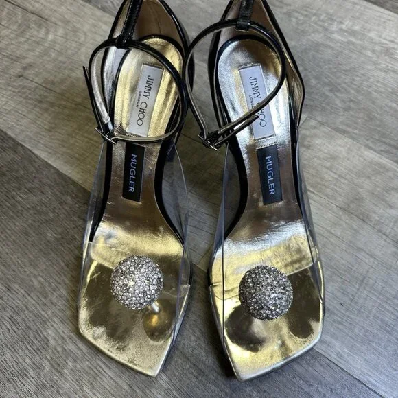 Jimmy Choo x Mugler Crystal Ball Ankle Strap Heels – Clear PVC / Rhinestone - Picture 1 of 9